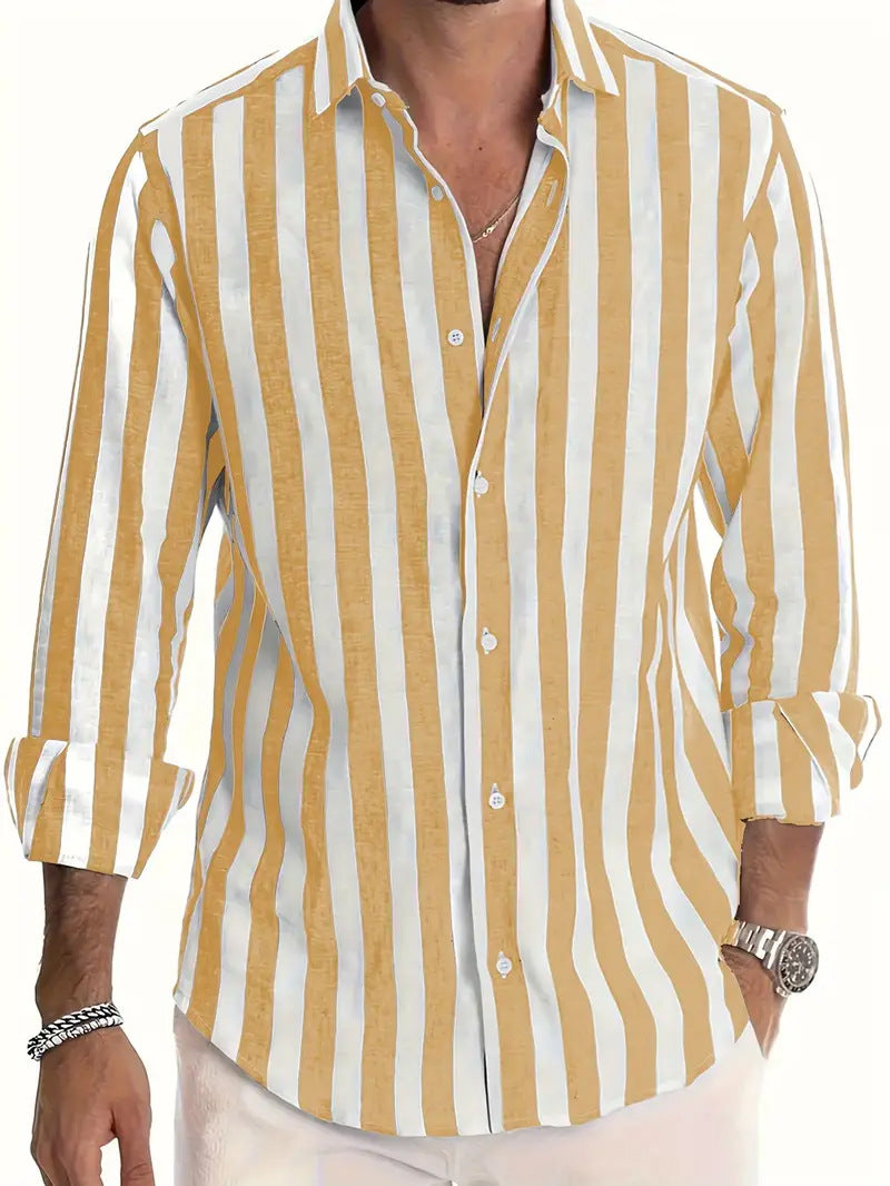 Men's Yarn-dyed Striped Casual Loose Long-sleeved Shirt
