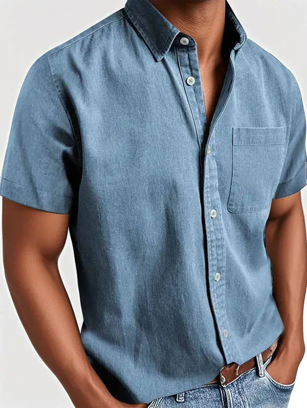 Polo Collar Solid Color Pocket Single-breasted Men's Short-sleeved Shirt