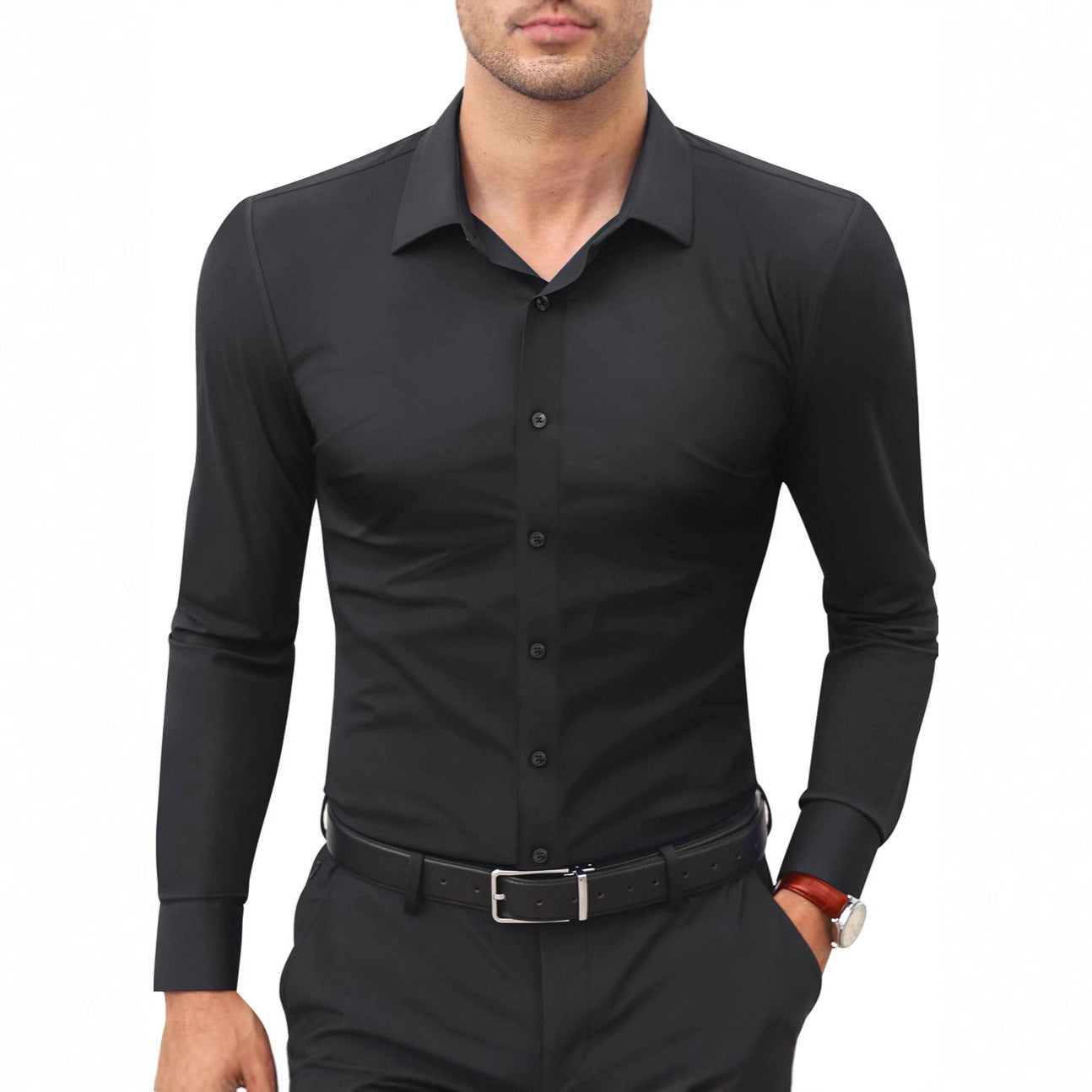 Mens Slim-Fit Solid-Color Work Shirt From Europe And The US