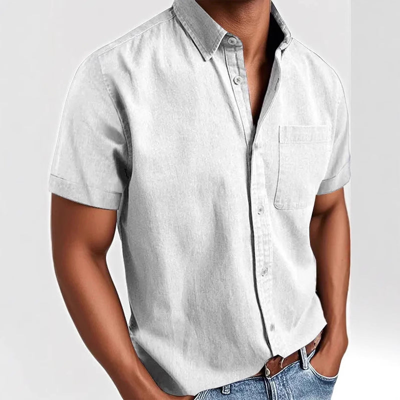 Polo Collar Solid Color Pocket Single-breasted Men's Short-sleeved Shirt