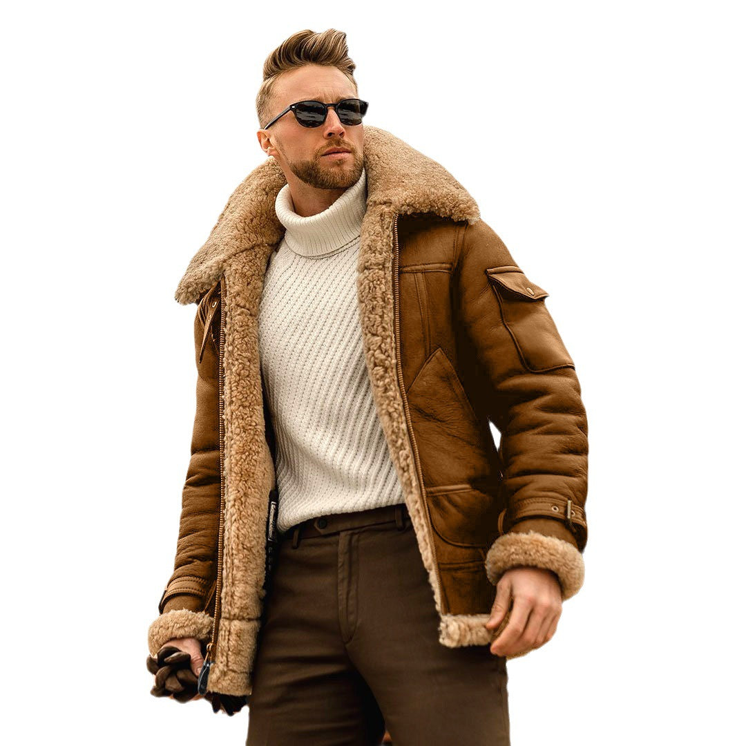 Men's Faux Fur-lined Thick Imitation Leather Jacket