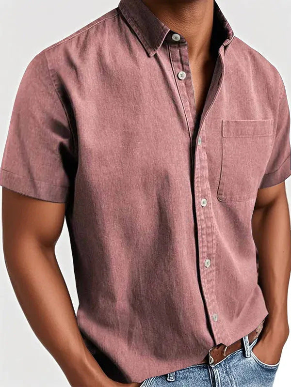 Polo Collar Solid Color Pocket Single-breasted Men's Short-sleeved Shirt
